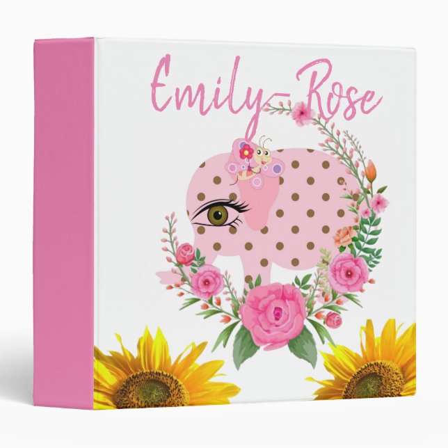 Sunflower Floral Pink Elephant  Avery Binder (Front/Spine)
