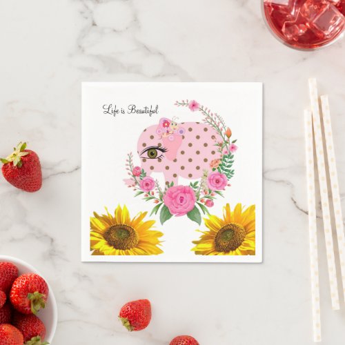 Sunflower Floral Pink Elephant Paper Napkins