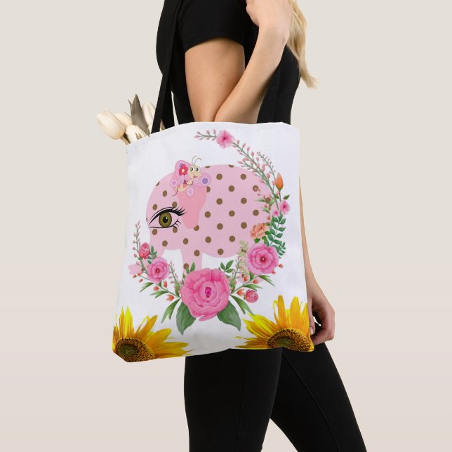 Sunflower Floral Pink Elephant Tote Bag (Close Up)