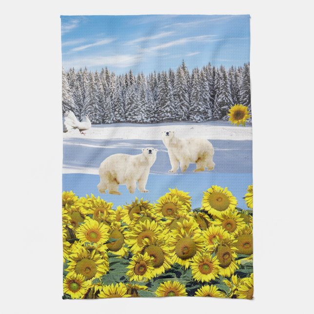 Sunflower Floral Polar Bear Kitchen Towel (Vertical)