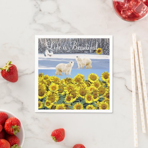 Sunflower Floral Polar Bear  Paper Napkins