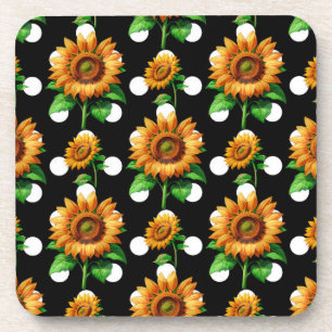 Sunflower Floral Polka Dots Beverage Coaster