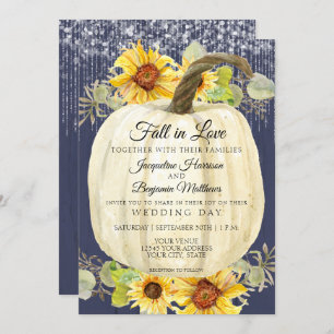 Sunflower Floral Pumpkin Navy Wood Fairy Lights Invitation