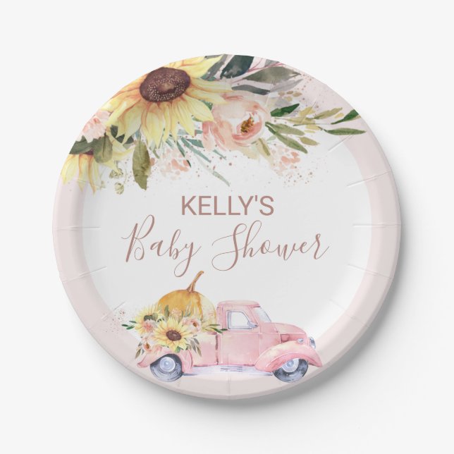 Sunflower Floral Pumpkin Truck Baby Shower Paper Plates (Front)