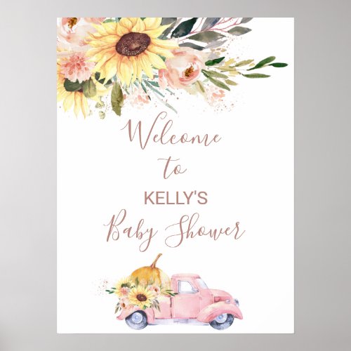 Sunflower Floral Pumpkin Truck Baby Shower Welcome Poster