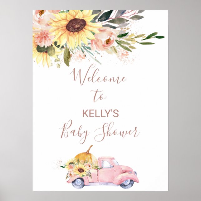 Sunflower Floral Pumpkin Truck Baby Shower Welcome Poster (Front)