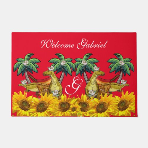 Sunflower Floral Red Dinosaur  Door Mat