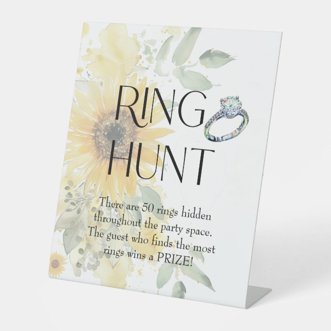 Sunflower Floral Ring Hunt Bridal Shower Game Pedestal Sign (Front)