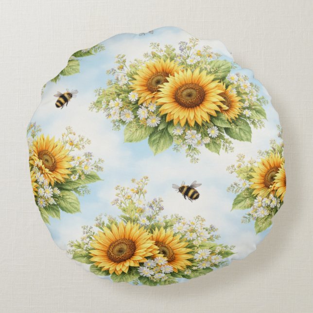 Sunflower Floral Round Cushion (Back)