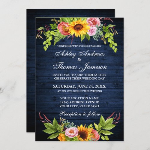 Sunflower Floral Rustic Blue Wood Photo Wedding Invitation