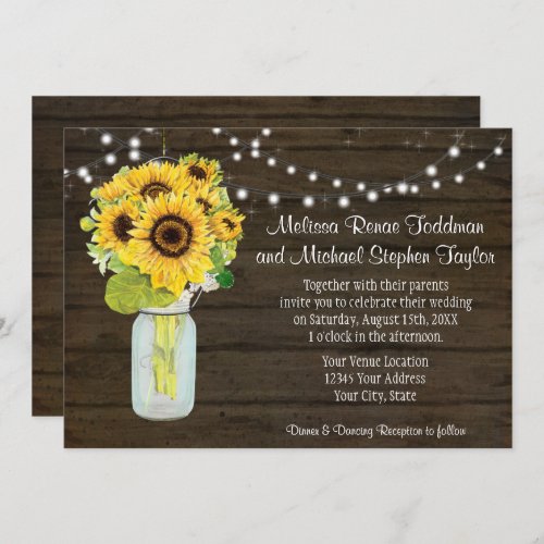 Sunflower Floral Rustic Country Mason Jar Lights I Invitation