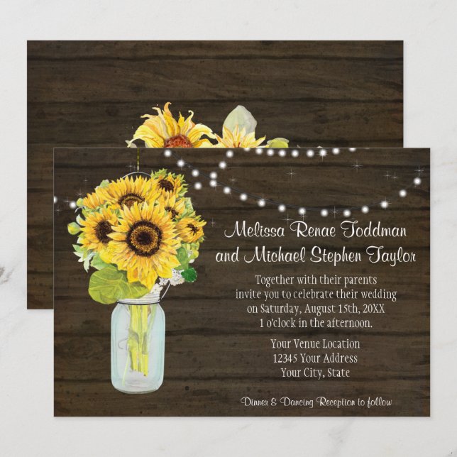 Sunflower Floral Rustic Country Mason Jar Lights Invitation (Front/Back)