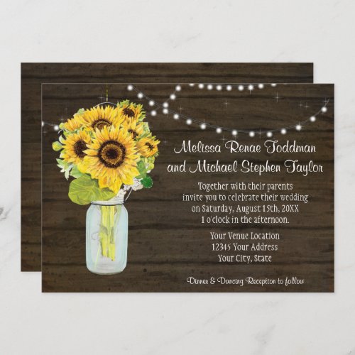 Sunflower Floral Rustic Country Mason Jar Lights Invitation