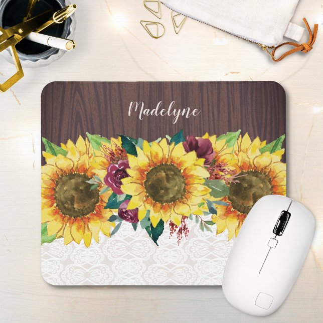 Sunflower Floral Rustic Personalized Name Mouse Pad (Creator Uploaded)