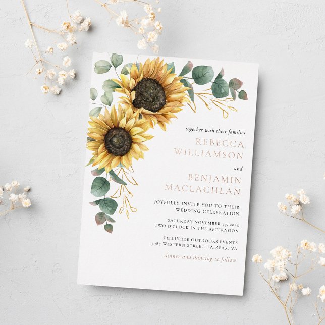 Sunflower Floral Rustic Wedding Rose Gold Foil Invitation (Sunflower Eucalyptus Wedding Rose Gold Foil Invitation)