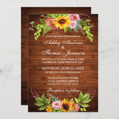Sunflower Floral Rustic Wood Photo Wedding Invitation
