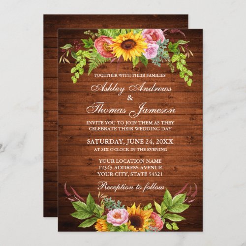 Sunflower Floral Rustic Wood Wedding Invitation