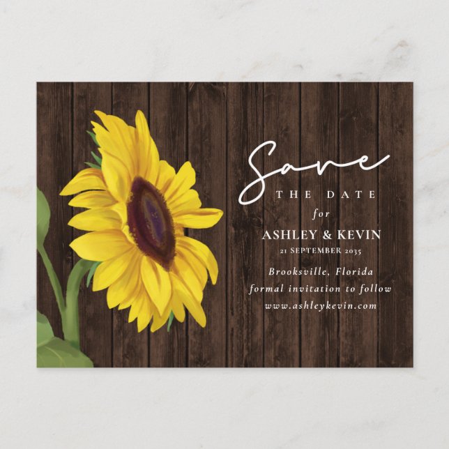 Sunflower Floral Rustic Wood Wedding Save The Date Announcement Postcard (Front)