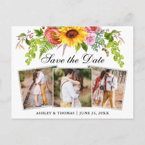 Sunflower Floral Save the Date 3 Photo Invitation Postcard