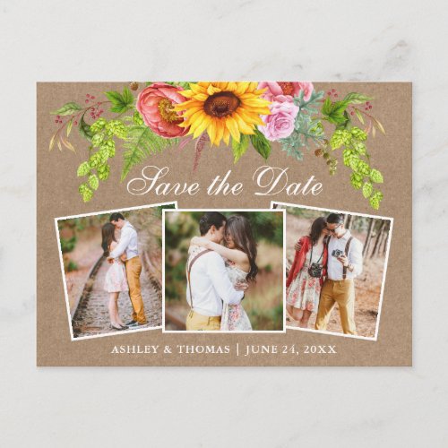 Sunflower Floral Save the Date 3 Photo Kraft Invitation Postcard