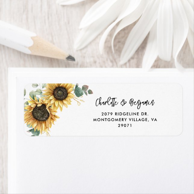 Sunflower Floral Script Wedding Return Address Label (Insitu)