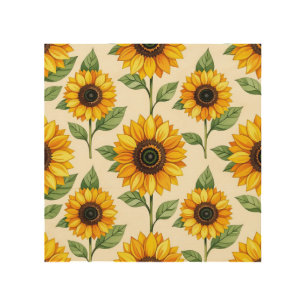 Sunflower Floral Seamless Pattern Bright Yellow Wood Wall Art