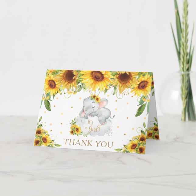 Sunflower Floral Sleeping Elephant Baby Shower Thank You Card (Front)