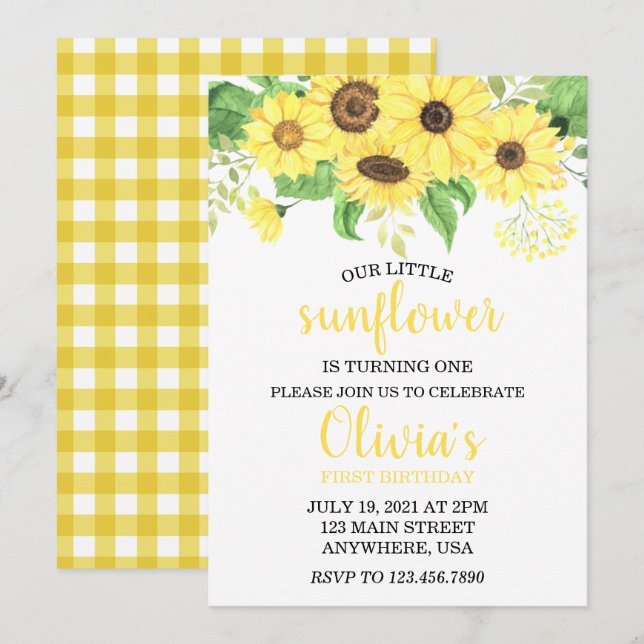 Sunflower Floral Summer First Birthday  Invitation (Front/Back)