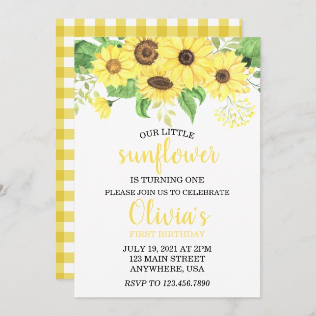 Sunflower Floral Summer First Birthday  Invitation (Front/Back)