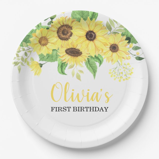 Sunflower Floral Summer First Birthday Paper Plates (Front)