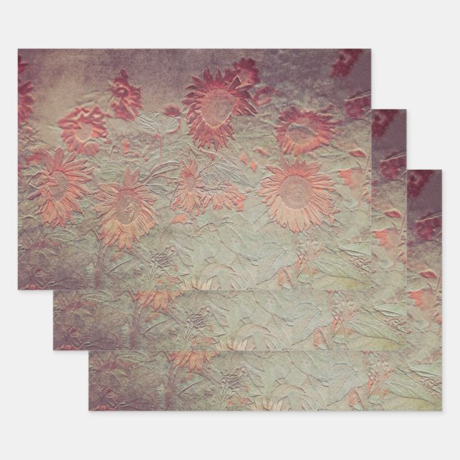 Sunflower Floral Teal Coral Pink Texture Grunge Wrapping Paper Sheets (Set)
