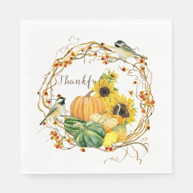 Sunflower Floral Thanks Fall Pumpkin Thanksgiving Napkins (Front)