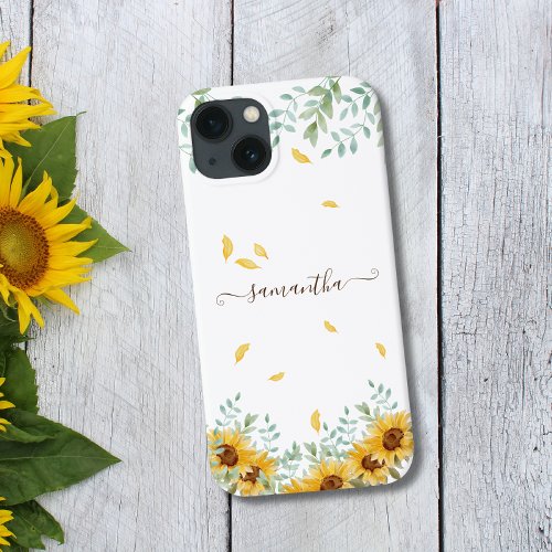 Sunflower Floral Watercolor Botanical Script Name  iPhone 13 Case