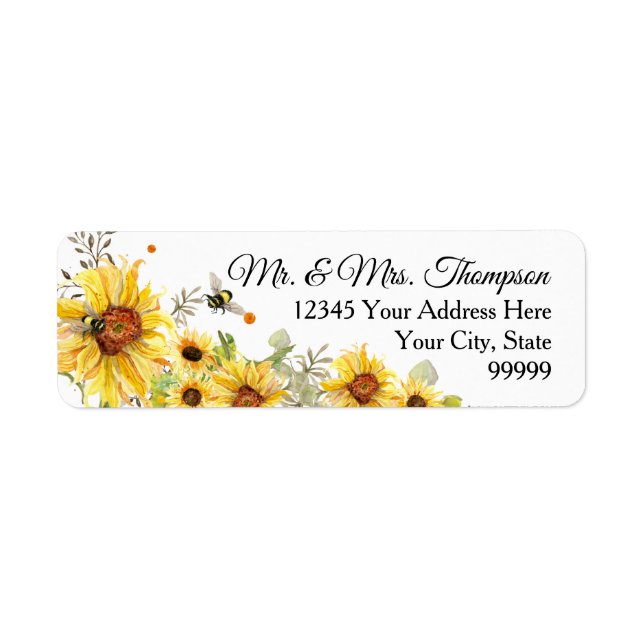 Sunflower Floral Watercolor Bumble Bee Greenery Label (Front)