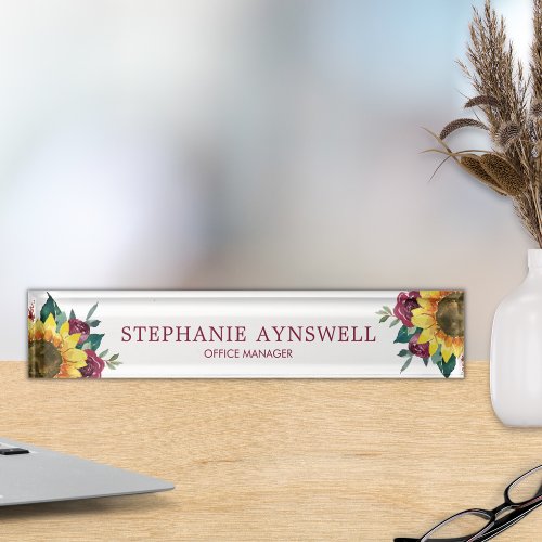 Sunflower Floral Watercolor Desk Name Plate