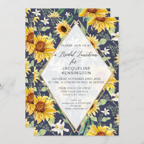 Sunflower Floral Watercolor Foliage Navy Bridal Invitation