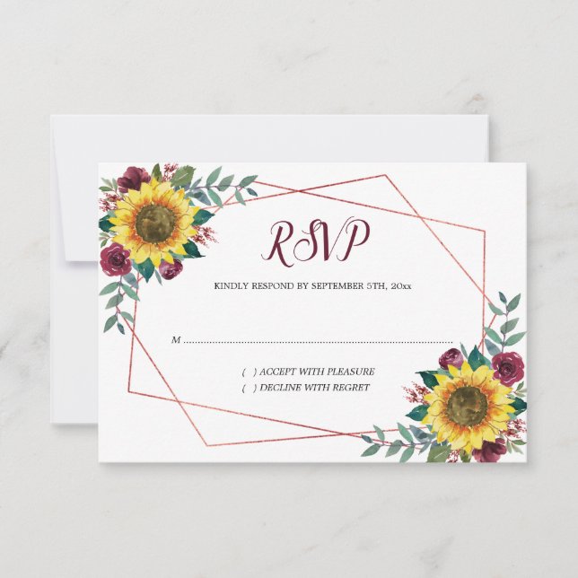 Sunflower Floral Watercolor Geometric Rose Wedding RSVP Card (Front)