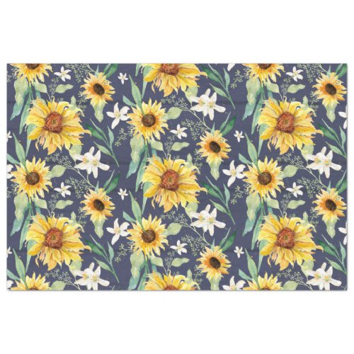 Sunflower Floral Watercolor Navy Wood Decoupage Tissue Paper