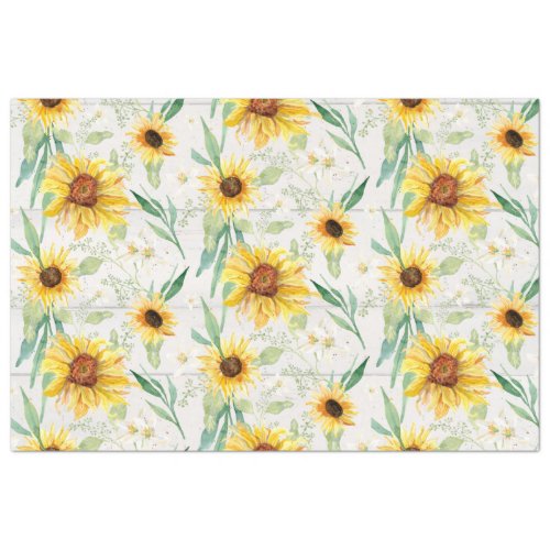 Sunflower Floral Watercolor White Wood Decoupage Tissue Paper