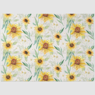 Sunflower Floral Watercolor White Wood Decoupage Tissue Paper