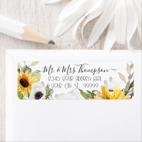 Sunflower Floral Watercolor Yellow White Foliage Label