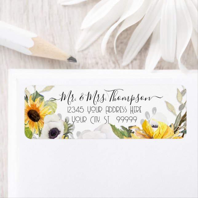 Sunflower Floral Watercolor Yellow White Foliage Label (Insitu)