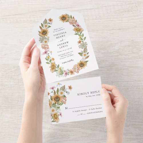Sunflower Floral Wedding All In One Invitation