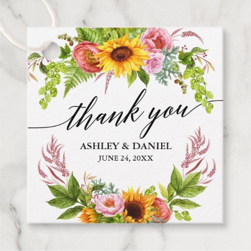 Sunflower Floral Wedding Calligraphy Thank You Favor Tags