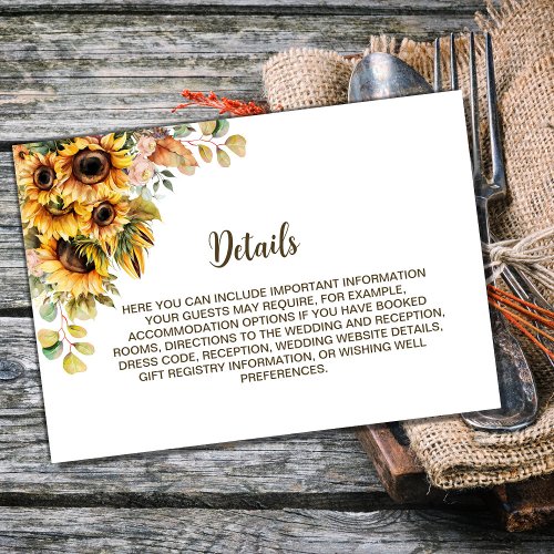 Sunflower Floral Wedding Details Enclosure Card