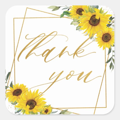 Sunflower Floral Wedding Gold Geometric Thank You  Square Sticker