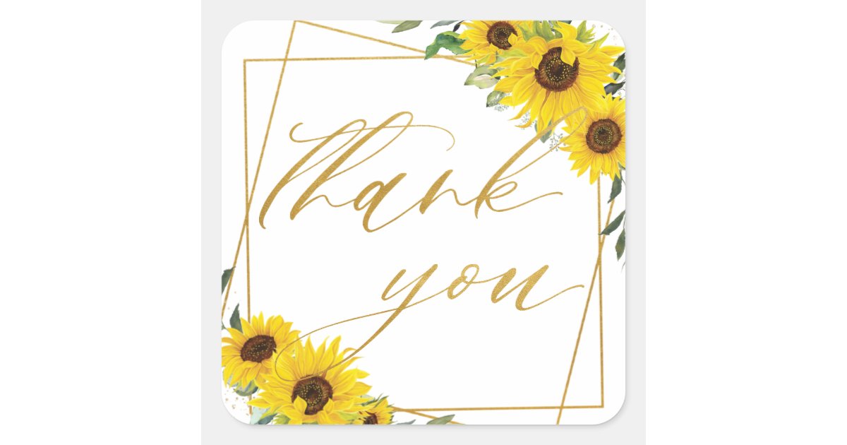 Sunflower Floral Wedding Gold Geometric Thank You Square Sticker | Zazzle