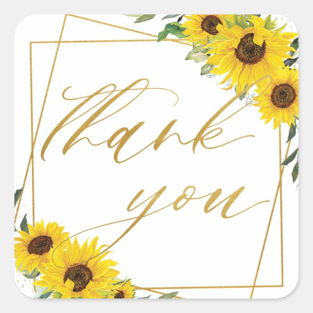 Sunflower Floral Wedding Gold Geometric Thank You  Square Sticker (Front)