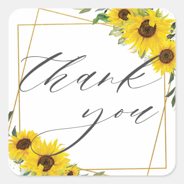 Sunflower Floral Wedding Gold Geometric Thank You Square Sticker | Zazzle