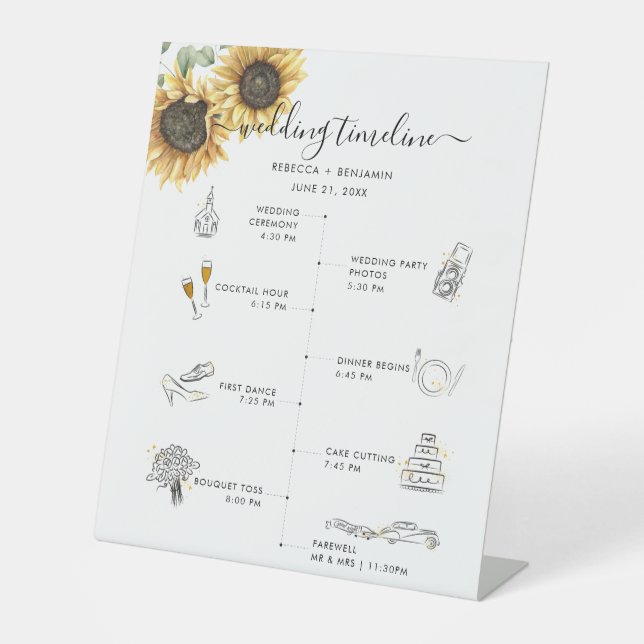 Sunflower Floral Wedding Itinerary and Program Pedestal Sign (Front)